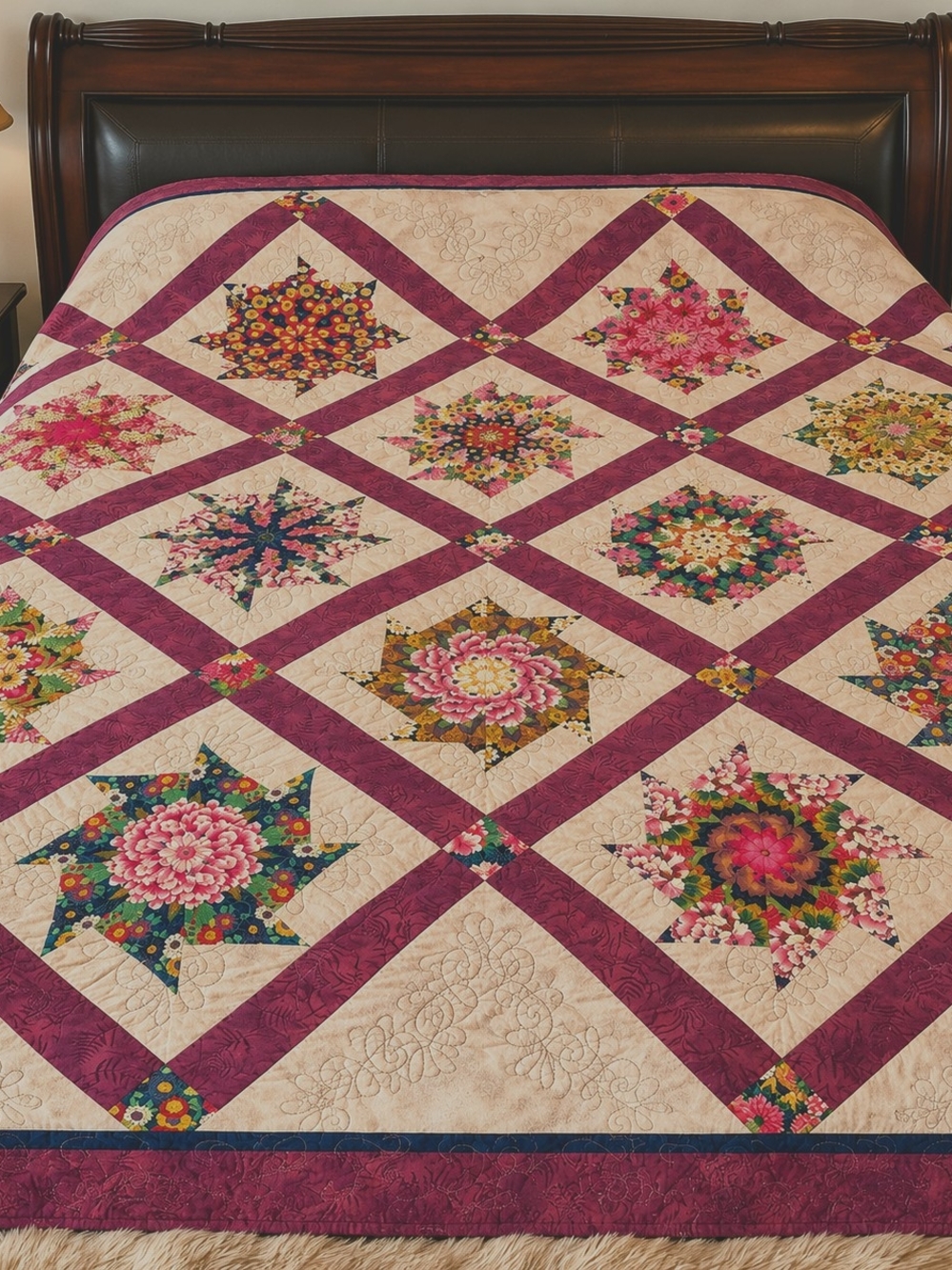 Handmade Floral Star Patchwork Quilt Cotton Queen Large 82"x108"